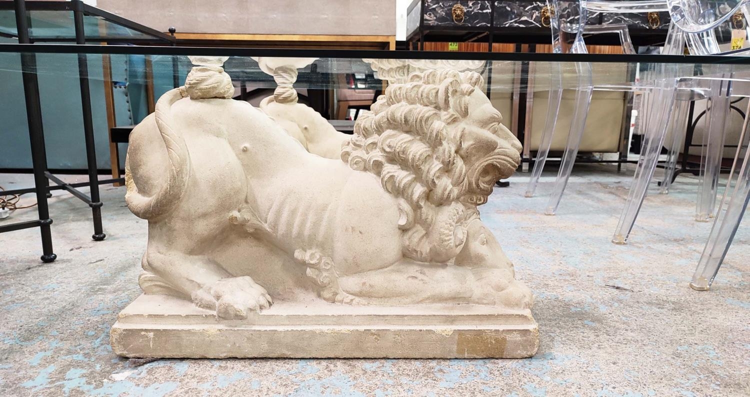 LOW TABLE, twin composite stone lion bases, glass top, 122cm x 122cm x 42.5cm. - Image 2 of 5