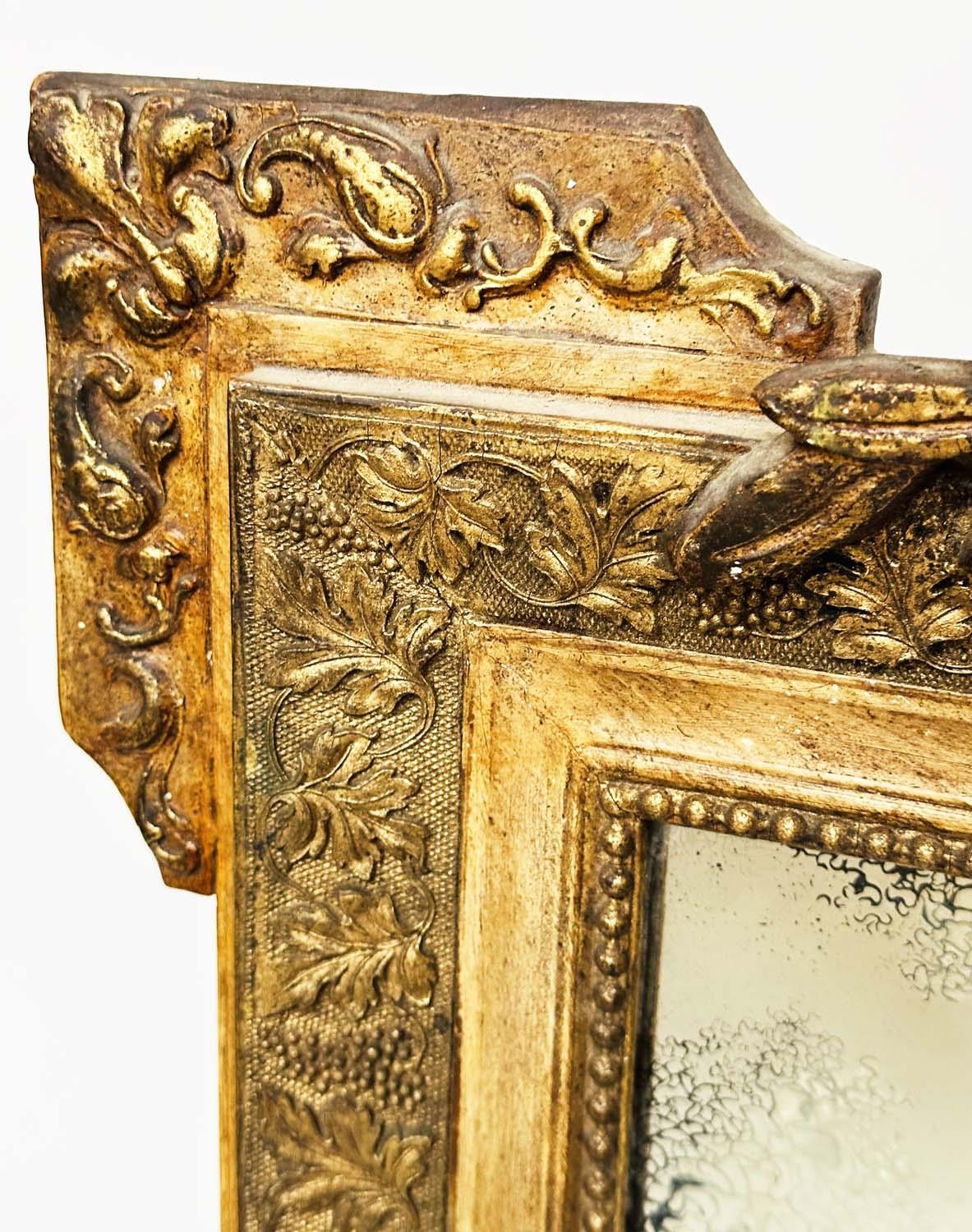 WALL MIRROR, 19th century French giltwood and gesso moulded, rectangular beaded frame, early/ - Image 4 of 7