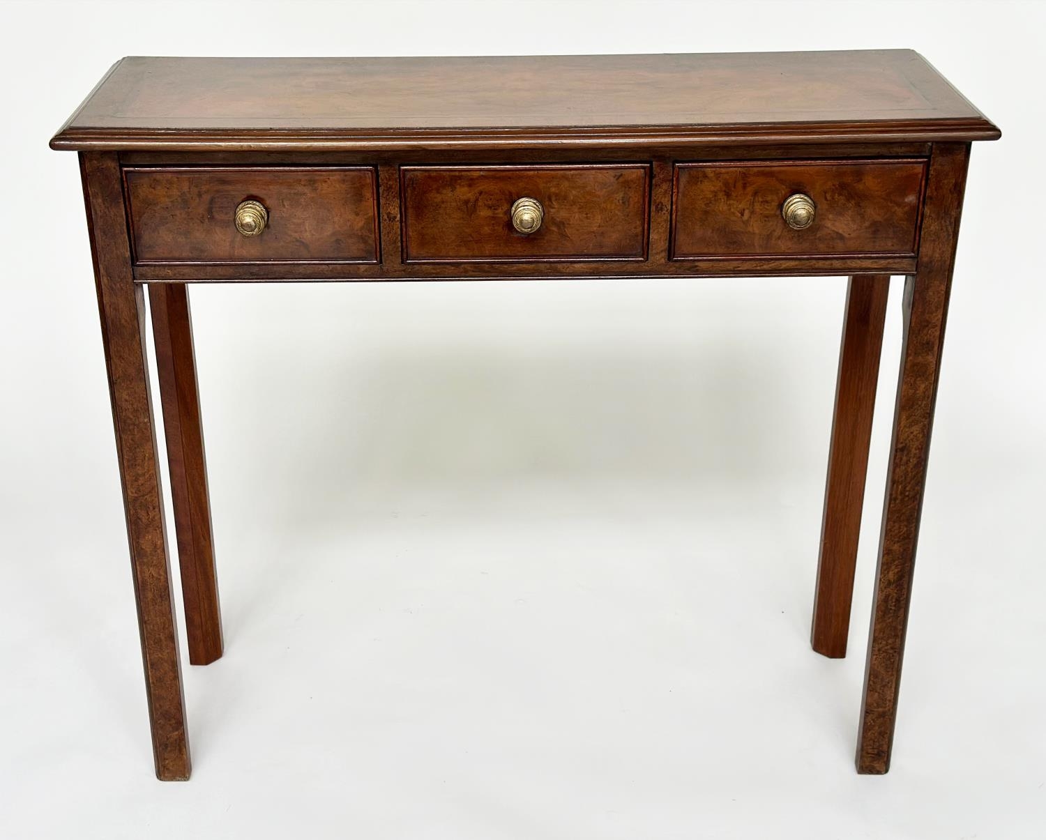 HALL TABLE, George III design burr walnut and crossbanded with three frieze drawers and tapering - Image 9 of 9