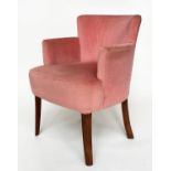 BRIDGE ARMCHAIR, mid 20th century rose velvet upholstered with tapering supports.