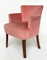 BRIDGE ARMCHAIR, mid 20th century rose velvet upholstered with tapering supports.