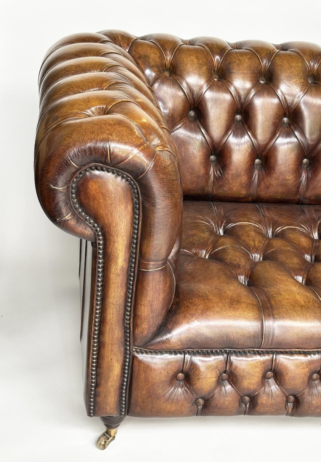 CHESTERFIELD SOFA, traditional hand finished natural soft tan leather deep button upholstery with - Image 6 of 12
