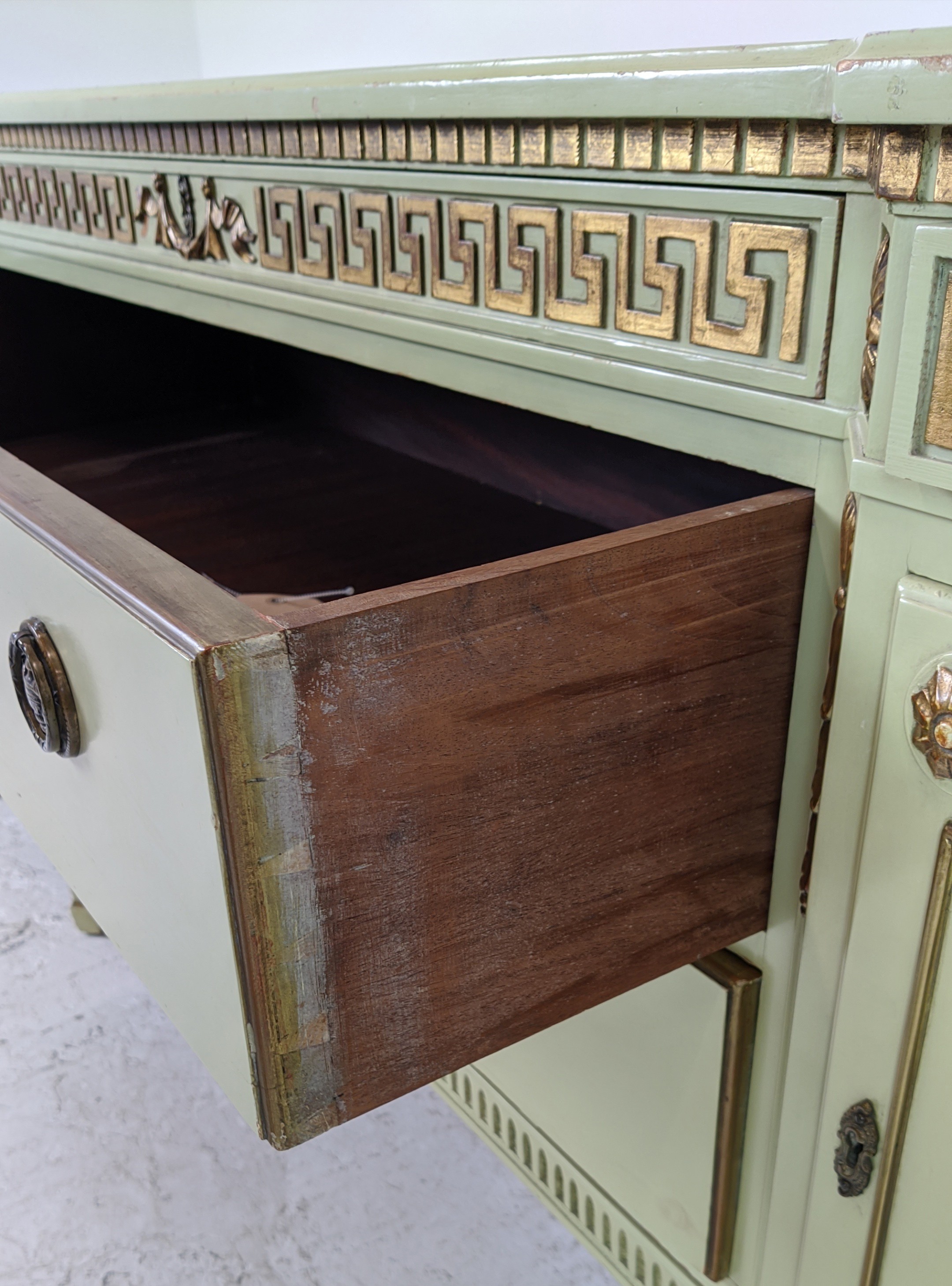 SIDEBOARD, neo classical style green painted and gilt, heightened with five drawers and two doors, - Image 14 of 14