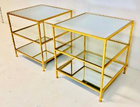 SIDE TABLES, a pair, gilt metal frames with three glass shelves, 56cm H x 51cm x 51cm. (2)