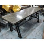 INDUSTRIAL STYLE TABLE, 70cm D x 80cm H x 200cm L, faux metallic top on cast metal supports.