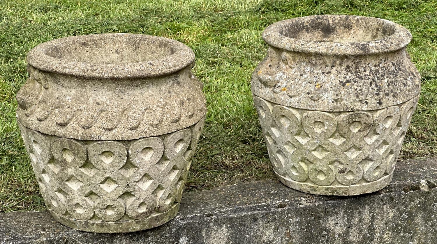 GARDEN PLANTERS, a pair, well weathered reconstituted stone studio pots of urn form, 39cm H x 42cm - Image 2 of 8