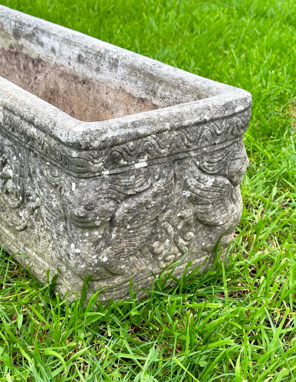 WINDOW BOX PLANTER, well weathered reconstituted stone rectangular with neo classical decoration, - Image 8 of 9