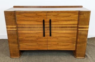 SIDEBOARD, Art deco walnut with horizontal inlay and two doors enclosing a drawer and shelves,