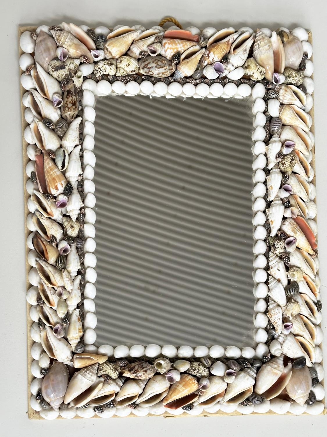 SHELL WALL MIRROR, rectangular natural shell encrusted frame, 43cm x 33cm.