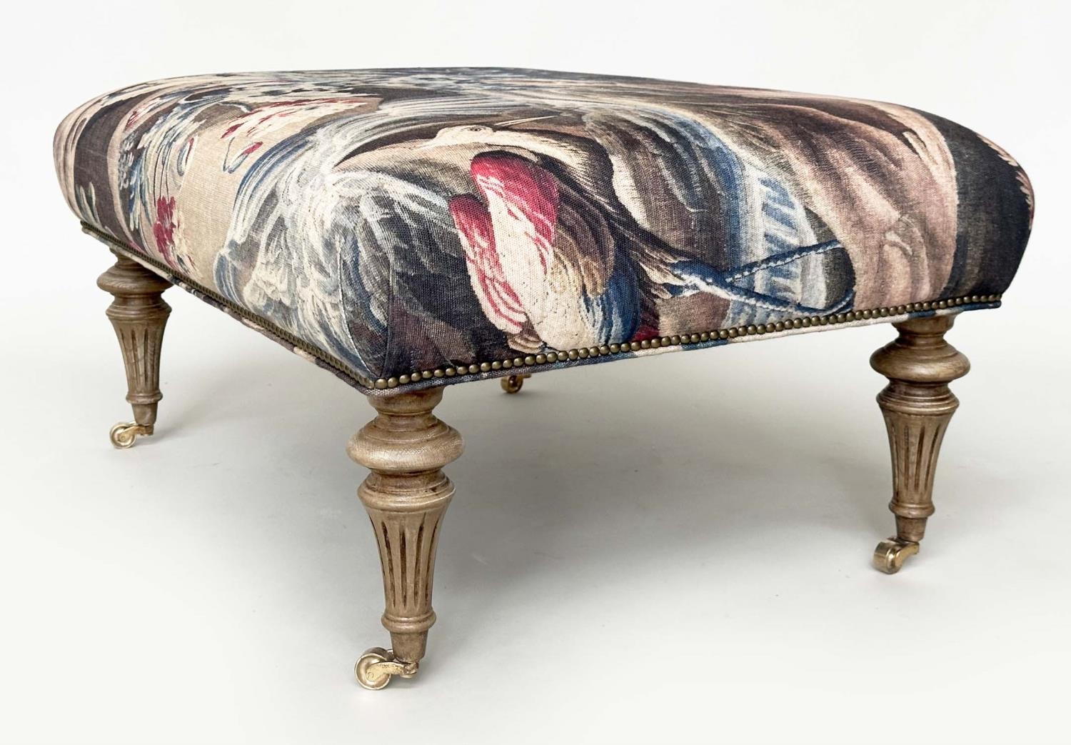 HEARTH STOOL, rectangular tapestry style printed linen raised upon turned tapering bleached oak - Image 8 of 10