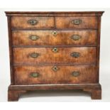 CHEST, early 18th century English Queen Anne figured walnut and crossbanded with two short and three