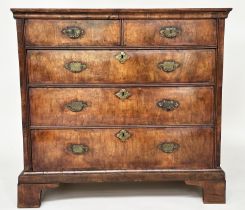 CHEST, early 18th century English Queen Anne figured walnut and crossbanded with two short and three