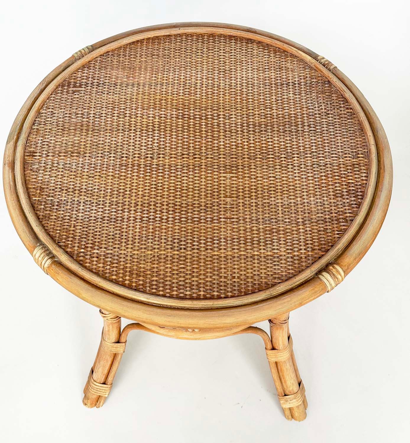 LAMP TABLES, a pair, circular rattan, wicker panelled and cane bound, 55cm x 53cm H. (2) - Image 5 of 8