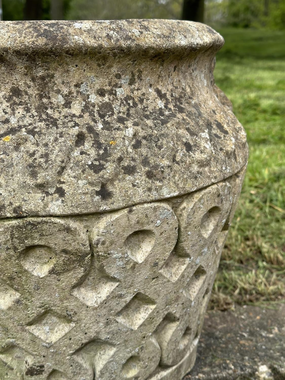 GARDEN PLANTERS, a pair, well weathered reconstituted stone studio pots of urn form, 39cm H x 42cm - Image 5 of 8