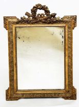 WALL MIRROR, 19th century French giltwood and gesso moulded, rectangular beaded frame, early/