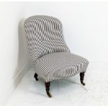 SLIPPER CHAIR, Victorian mahogany in blue and white ticking, 82cm H x 78cm x 62cm. (front castors