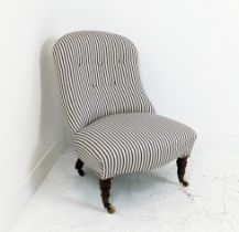 SLIPPER CHAIR, Victorian mahogany in blue and white ticking, 82cm H x 78cm x 62cm. (front castors