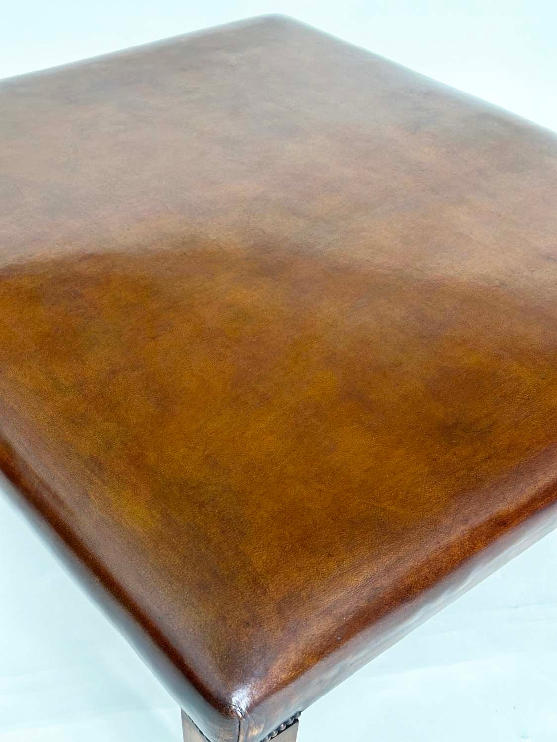 HEARTH/CENTRE STOOL, Large square natural soft tan brown leather raised on square section tapering - Image 3 of 4