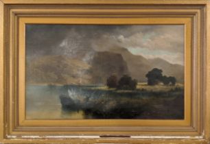 WALTER F PRESTON (19th Century British), 'lake scene with figures in a sailing boat', oil on canvas,