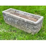 WINDOW BOX PLANTER, well weathered reconstituted stone rectangular with neo classical decoration,