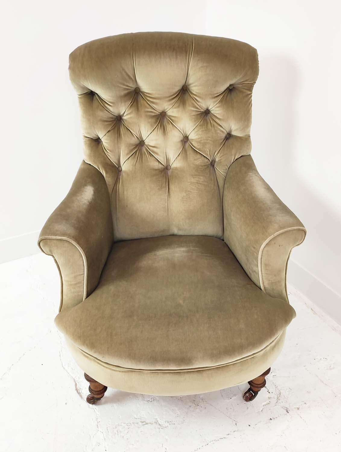 ARMCHAIR, by Cornelius V Smith, late Victorian walnut and beechwood in green velvet, back leg - Image 5 of 9