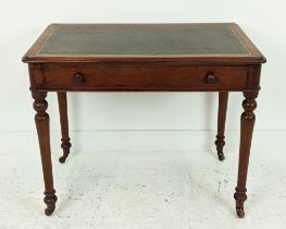 WRITING TABLE, Victorian mahogany with green leather top, frieze drawer and ceramic castors, 75cm