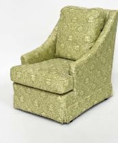 ARMCHAIR, Egerton style with sloping arms and moss green woven upholstery, 66cm W.
