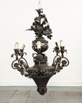 CHANDELIER, patinated metal of six lights, approx 98cm H x 66cm W.