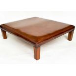 HEARTH/CENTRE STOOL, Large square natural soft tan brown leather raised on square section tapering