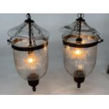 BELL JAR HALL LANTERNS, a pair, glass reeded tapering and bronze style mounted, 58cm H x 34cm W. (2)