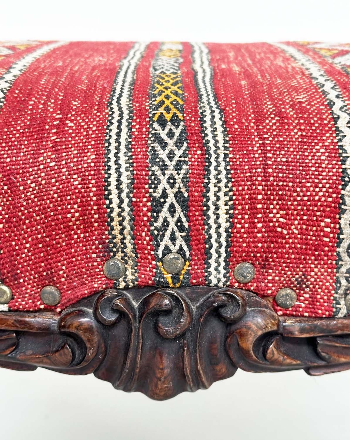 KELIM HEARTH STOOL, Victorian rosewood with Turkoman kelim brass studded upholstery, 77cm W x 50cm D - Image 3 of 7