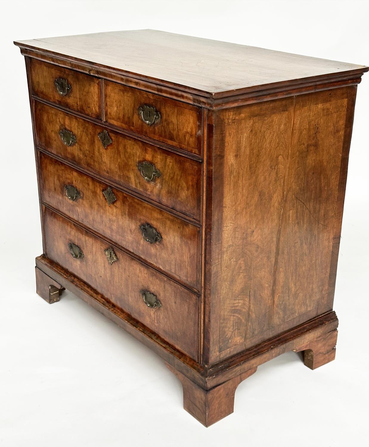 CHEST, early 18th century English Queen Anne figured walnut and crossbanded with two short and three - Image 10 of 15