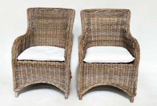 ORANGERY ARMCHAIRS, a pair, rattan framed and woven with cushion seats. (2)