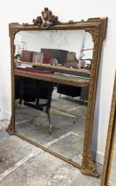 OVERMANTEL MIRROR, late Victorian with a decorative gilt frame, 103cm W x 145cm H.