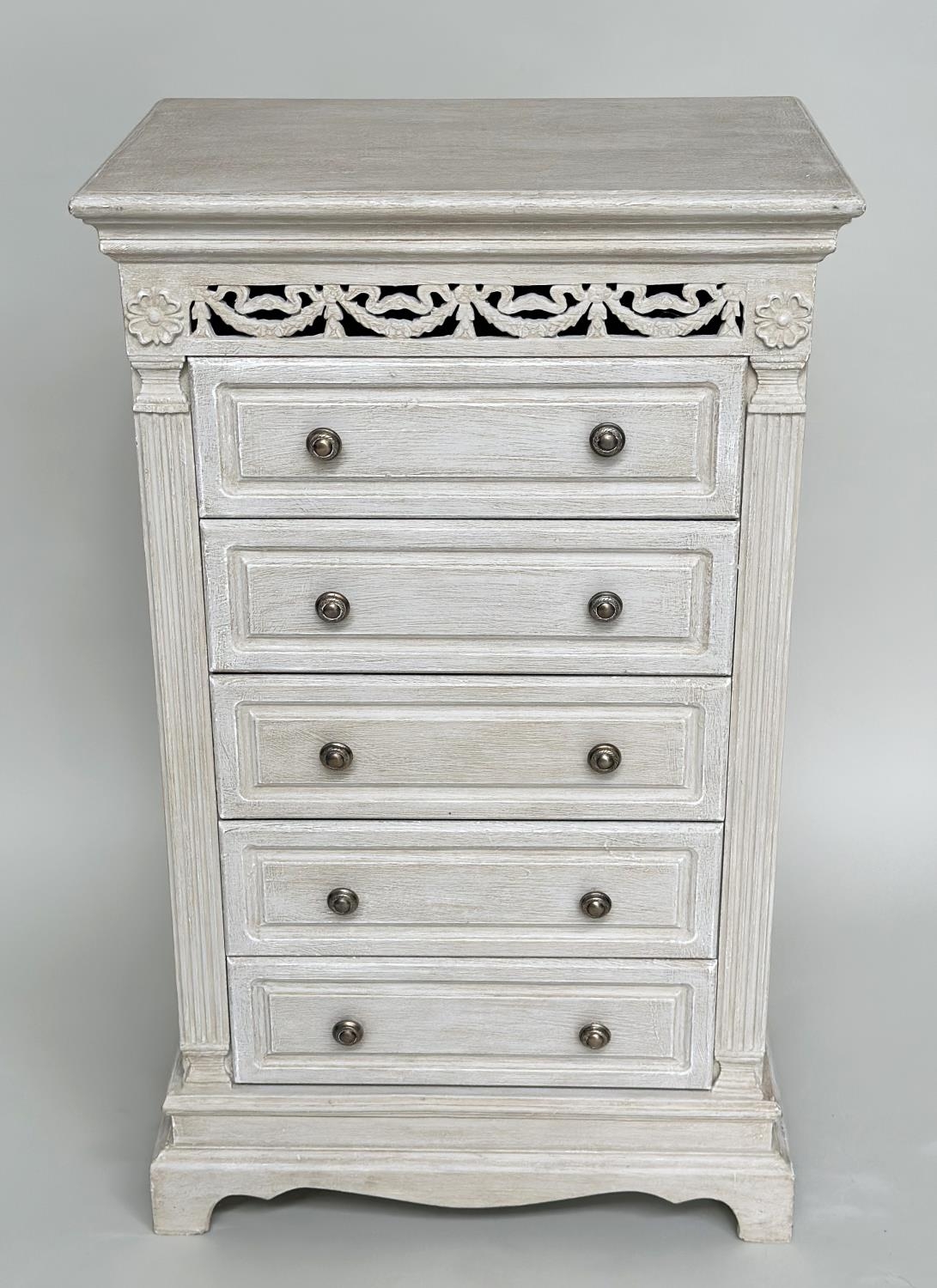 TALL CHEST, French style traditionally grey painted with pierced frieze and five drawers, 100cm H