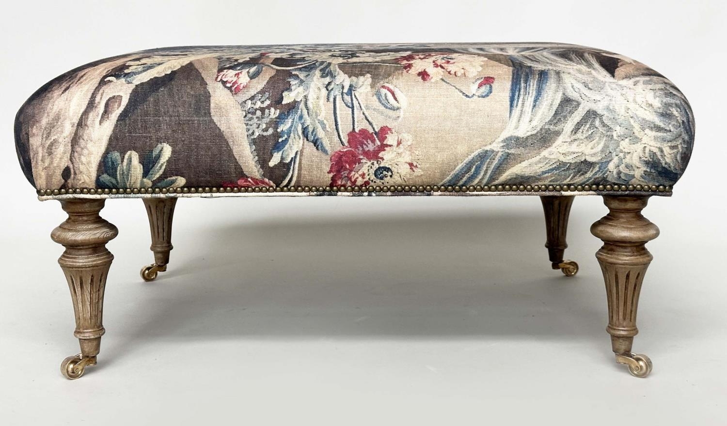 HEARTH STOOL, rectangular tapestry style printed linen raised upon turned tapering bleached oak - Image 10 of 10