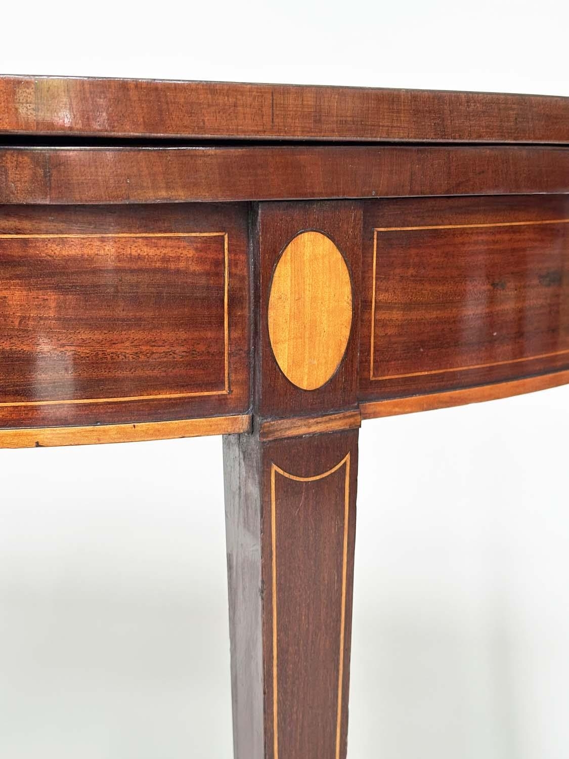 CARD TABLE, George III flame mahogany and satinwood crossbanded, demilune foldover baise lined, 90cm - Image 5 of 12