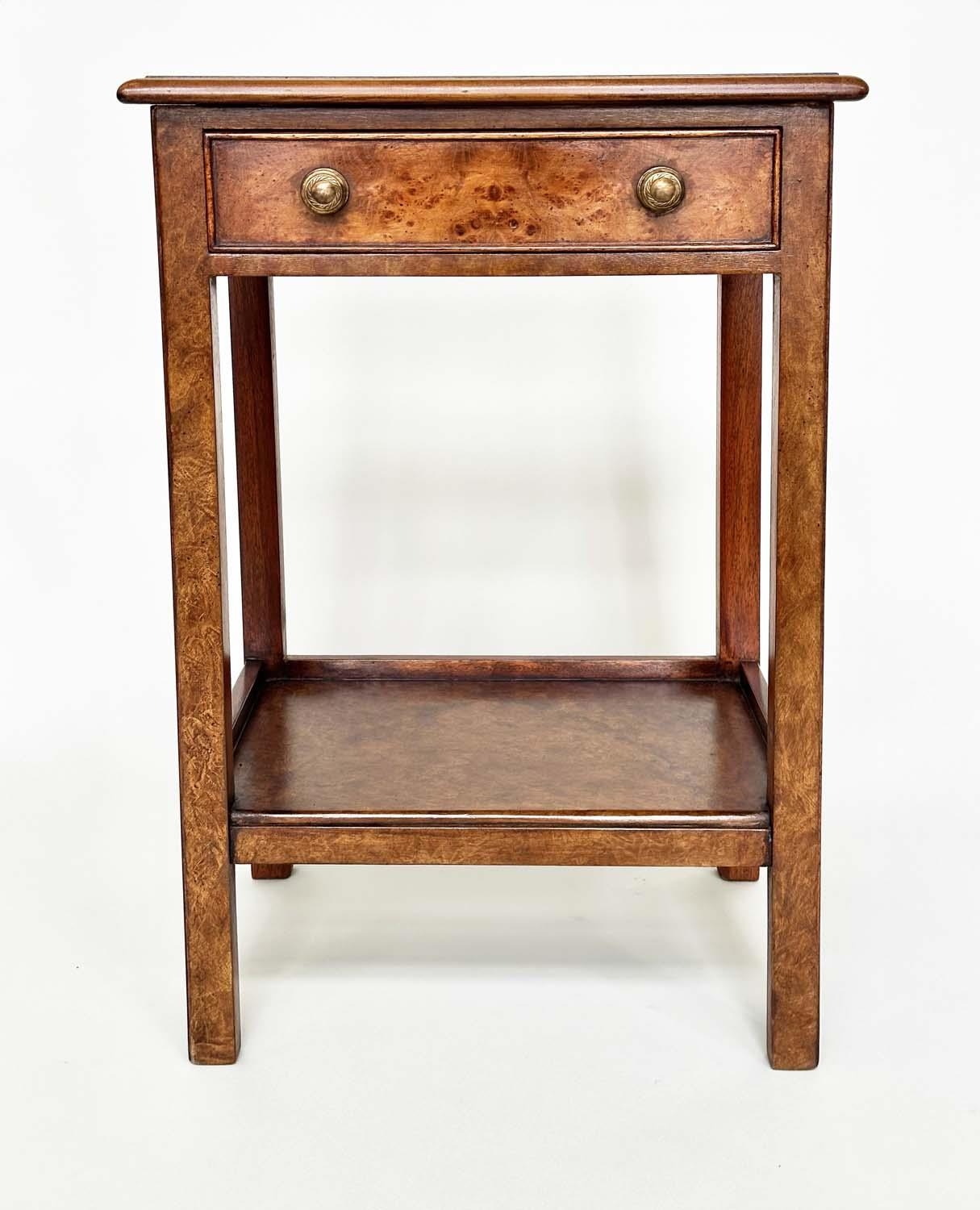 LAMP TABLES, a pair, George III design burr walnut and crossbanded each with drawer and undertier, - Image 5 of 9