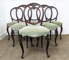 DINING CHAIRS, a set of six, Victorian rosewood with cabriole front supports and velvet stuffover