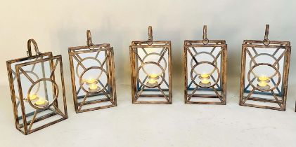 WALL LANTERNS, a set of five, Art Deco style metal with mirrored backs, 42cm H x 22cm x 11cm. (5)