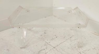 TABLE TRAY, perspex on folding supports, 27cm H x 56cm W x 40cm D.