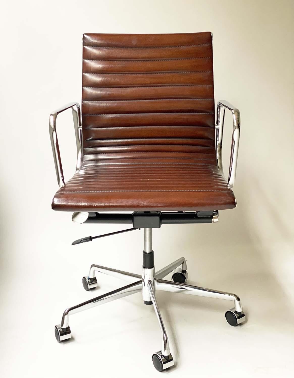 REVOLVING DESK CHAIR, Charles and Ray Eames inspired with ribbed hand finished mid brown natural - Image 4 of 11