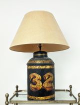 TEA CANNISTER LAMP, metal with a line style shade, 80cm H, including shade.