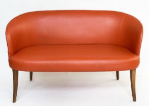 HALL SEAT, in the manner of Ole Wanscher, orange stitched leather and swept walnut supports, 132cm