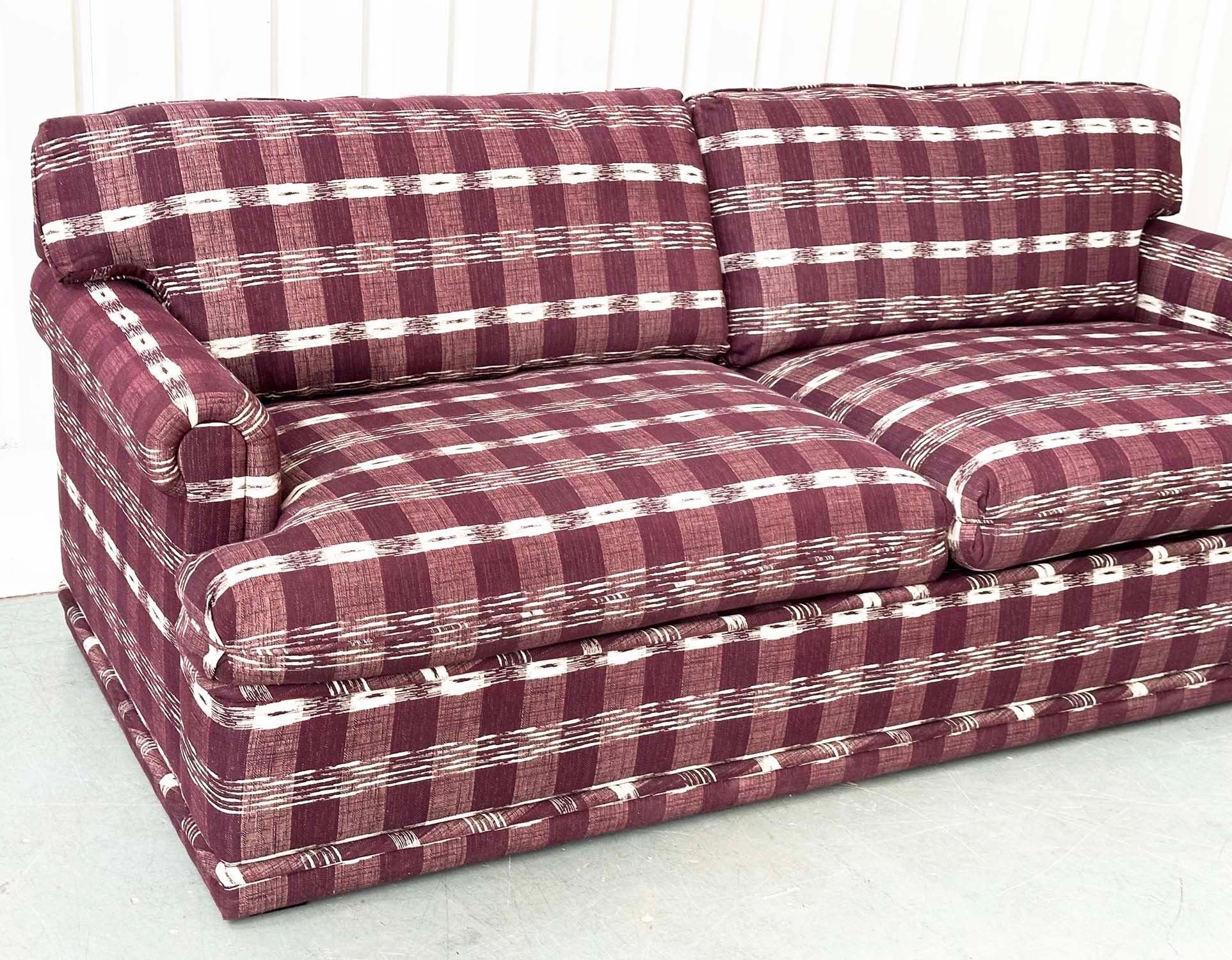 SOFA, Swedish check purple/white upholstery with scroll arms, 203cm W. - Image 6 of 9
