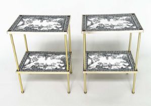 ETAGERES, a pair, Regency style, gilt metal each with two tiers and scenes depicting black and white