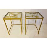WINE TABLES, a pair, 51cm H x 40cm W, the tops with butterfly motifs, overlaid glass, gilt