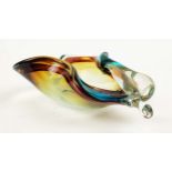 A MURANO GLASS BOWL, in the form of a pear, in amber and teal colourway, polished base, probably