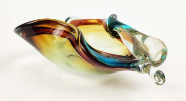 A MURANO GLASS BOWL, in the form of a pear, in amber and teal colourway, polished base, probably