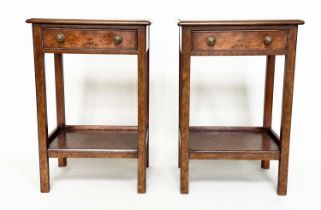 LAMP TABLES, a pair, George III design burr walnut and crossbanded each with drawer and undertier,
